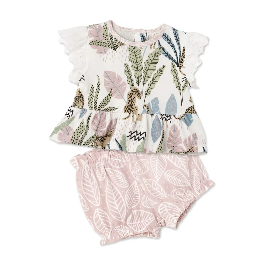 Tesa Babe Leopard Jungle Eyelet Flutter Sleeve Top & Bloomer Shorts - Organic Cotton