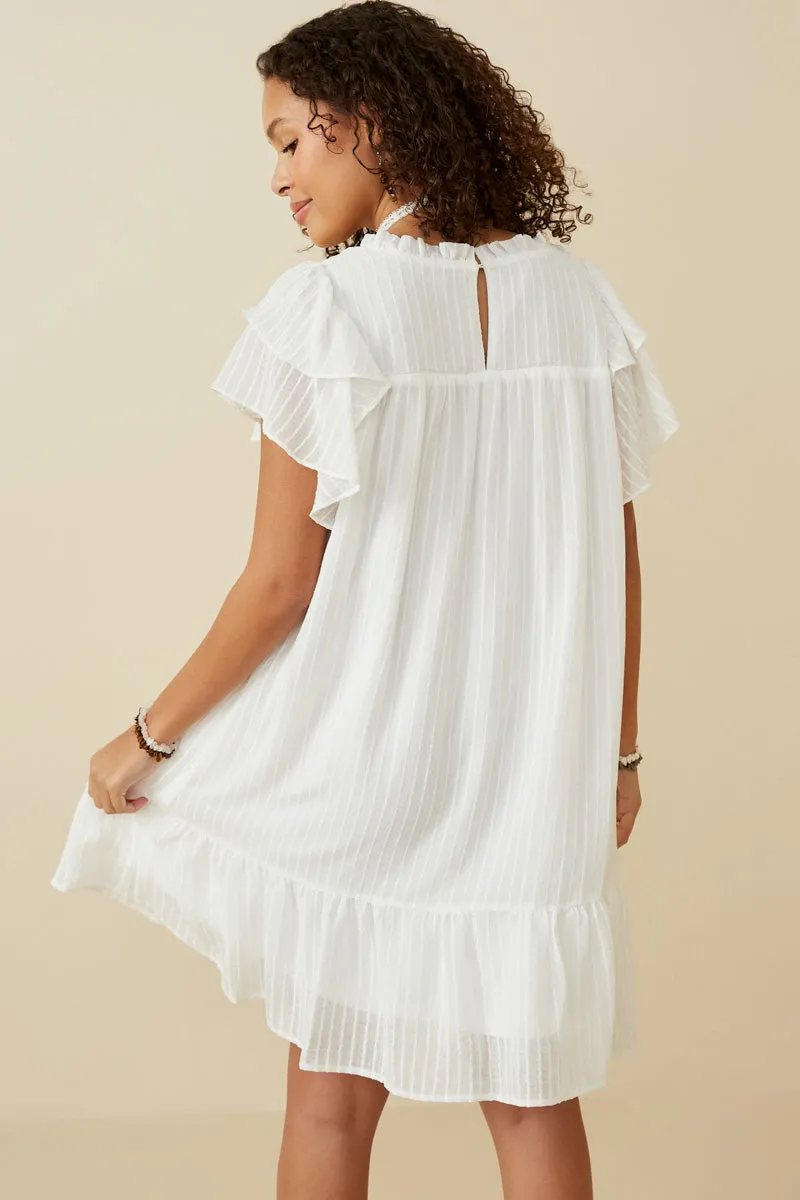 Texture Striped Ruffle Sleeve V Neck Dress