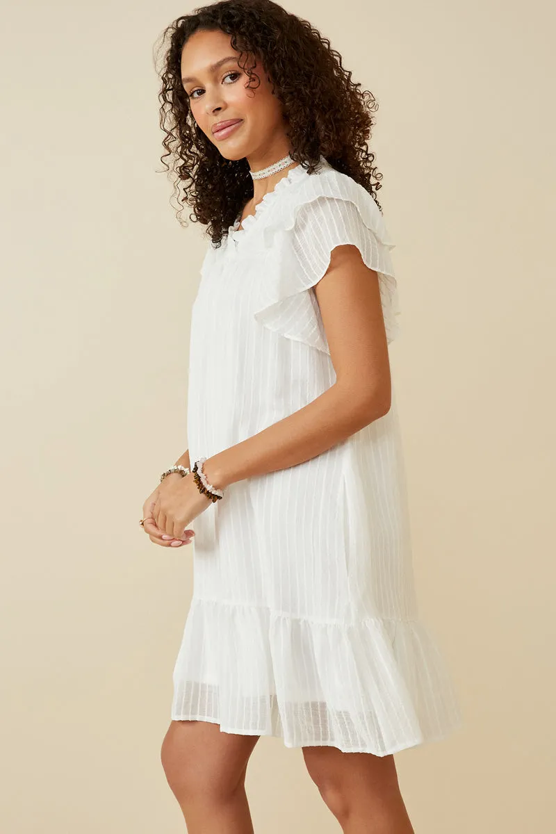 Texture Striped Ruffle Sleeve V Neck Dress