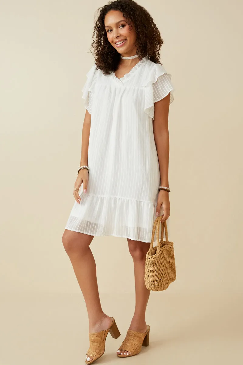 Texture Striped Ruffle Sleeve V Neck Dress