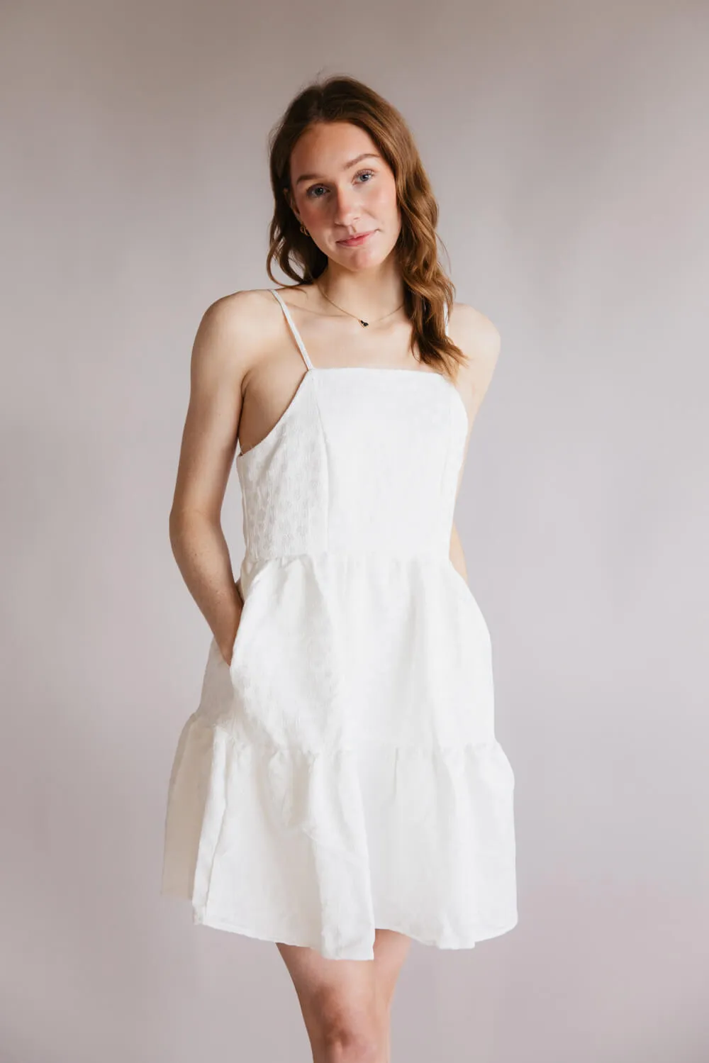 Textured Floral Tiered Dress for Women in White | HY8203-WHT