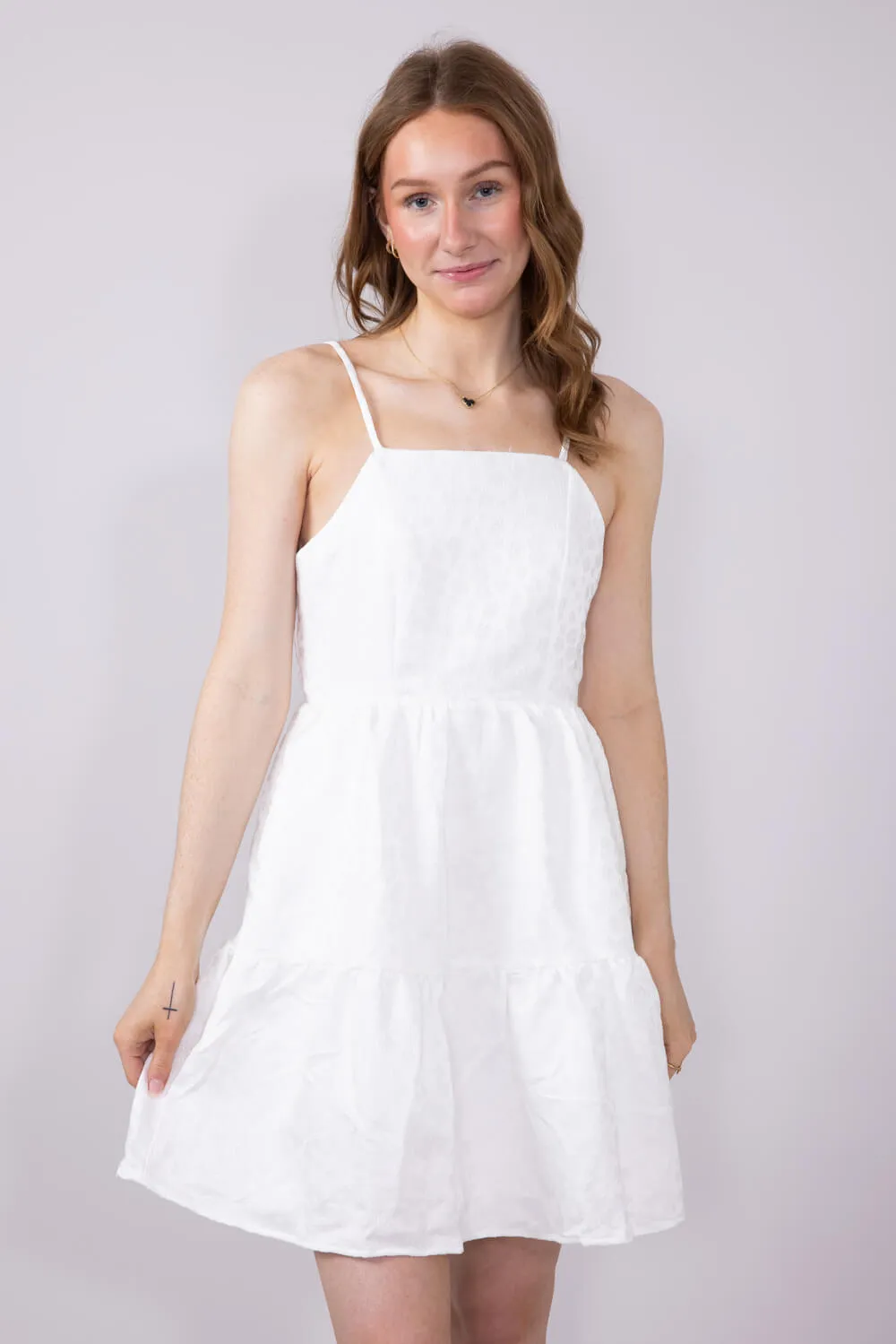 Textured Floral Tiered Dress for Women in White | HY8203-WHT
