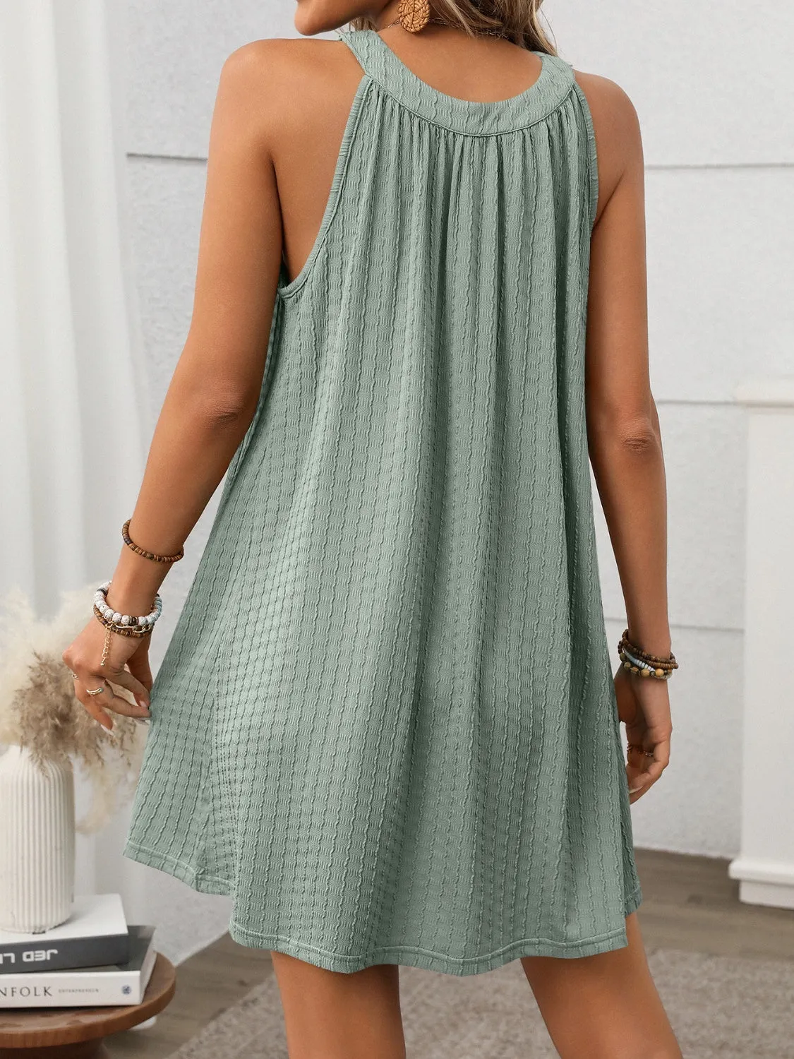 Textured Grecian Neck Mini Dress