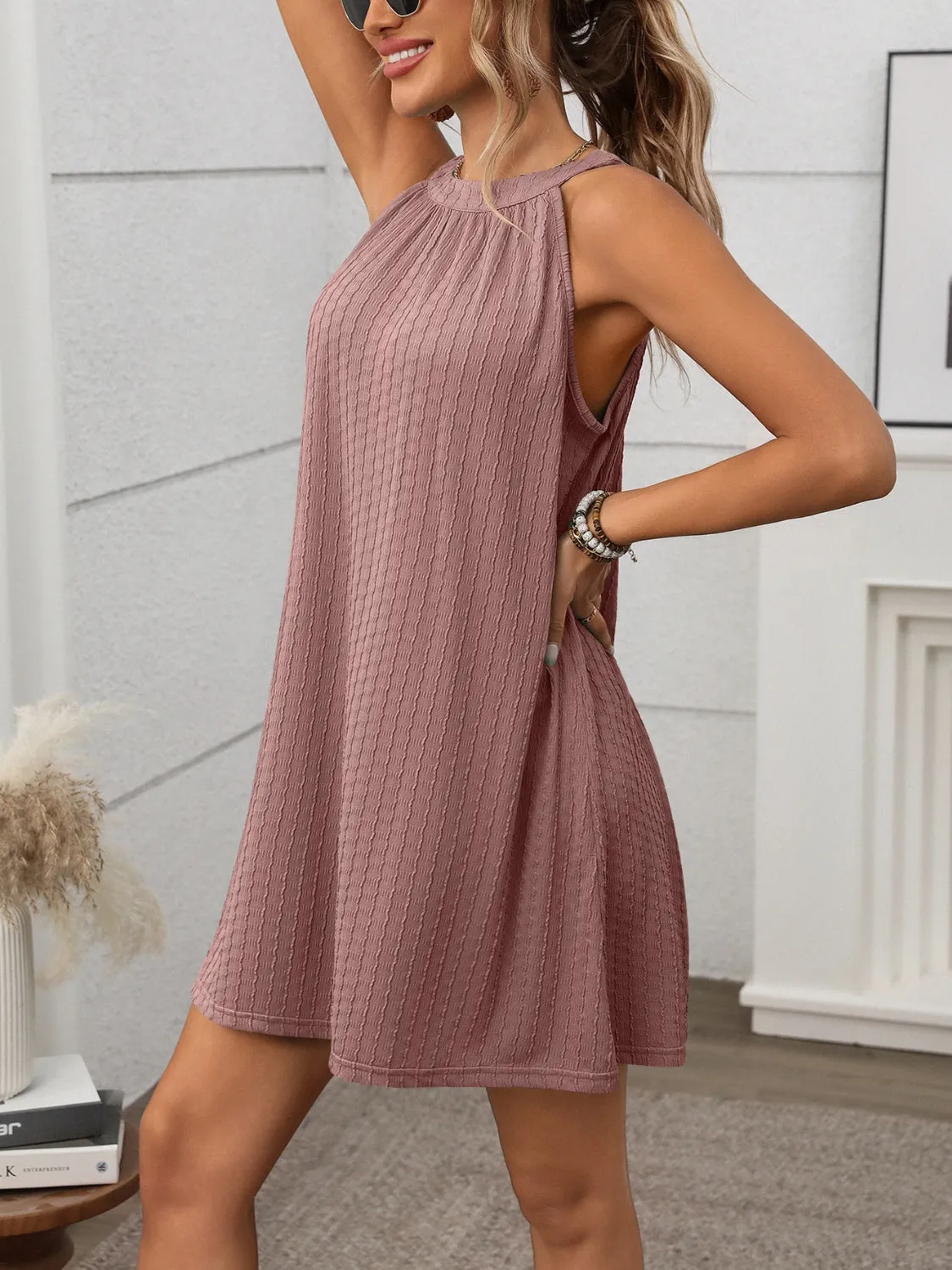 Textured Grecian Neck Mini Dress