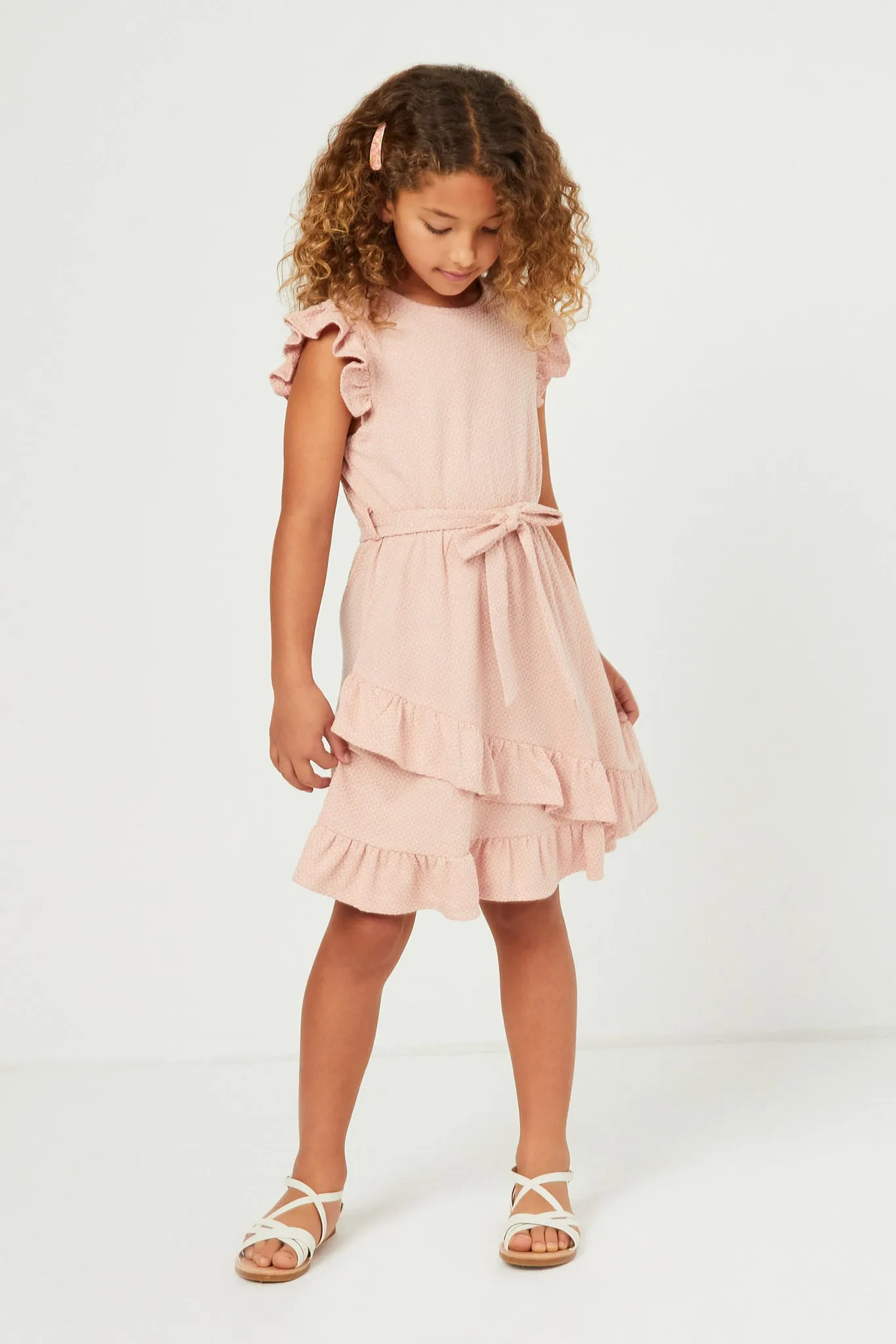 Textured Knit Asymmetric Ruffle Hem Belted Dress