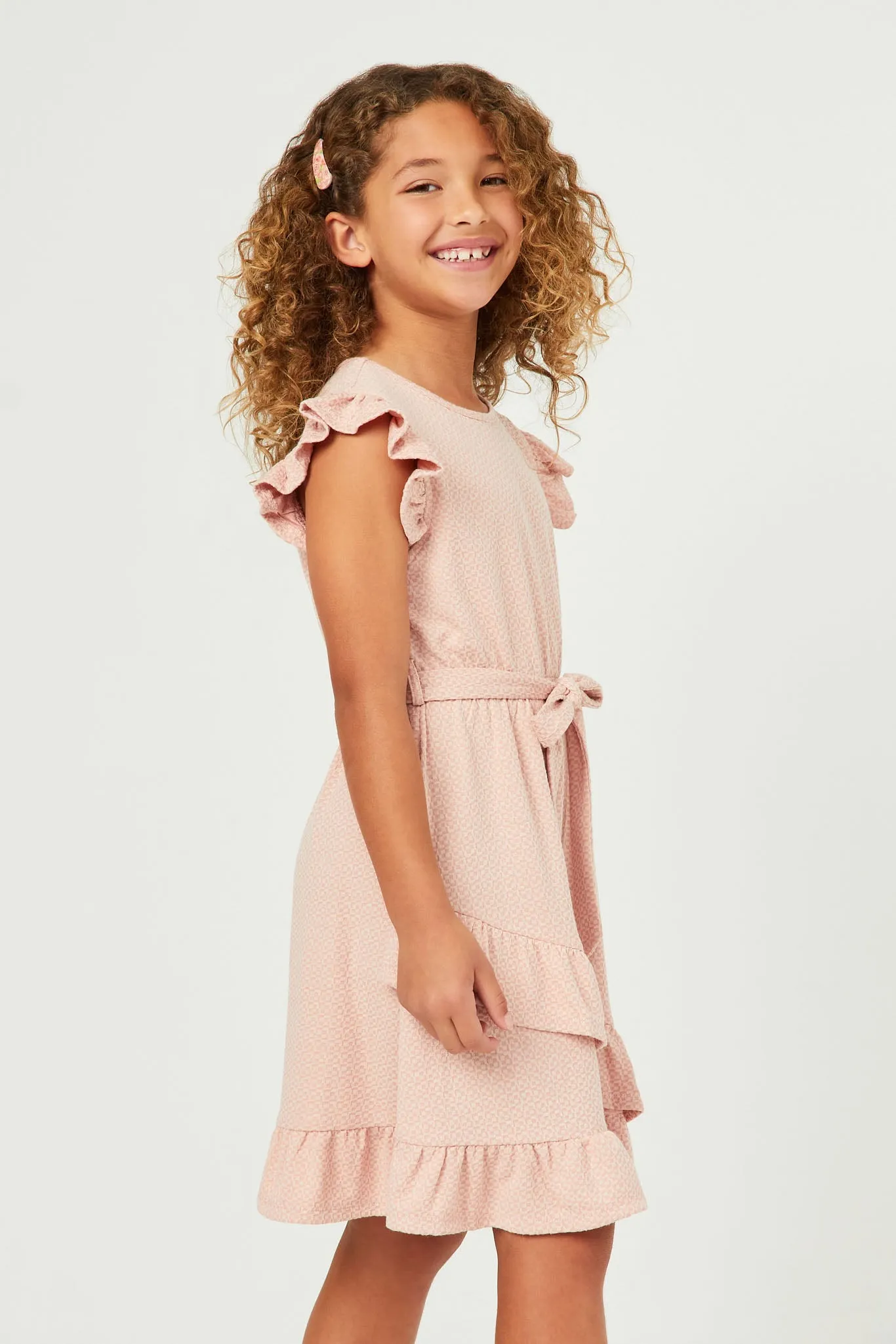 Textured Knit Asymmetric Ruffle Hem Belted Dress