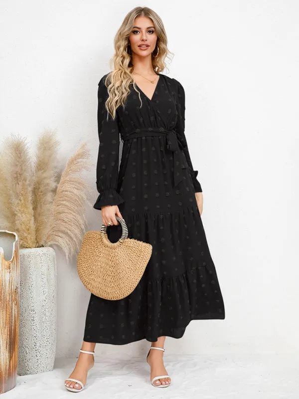 Textured Pattern Maxi Dress with Belted Waist and Tiered Hem
