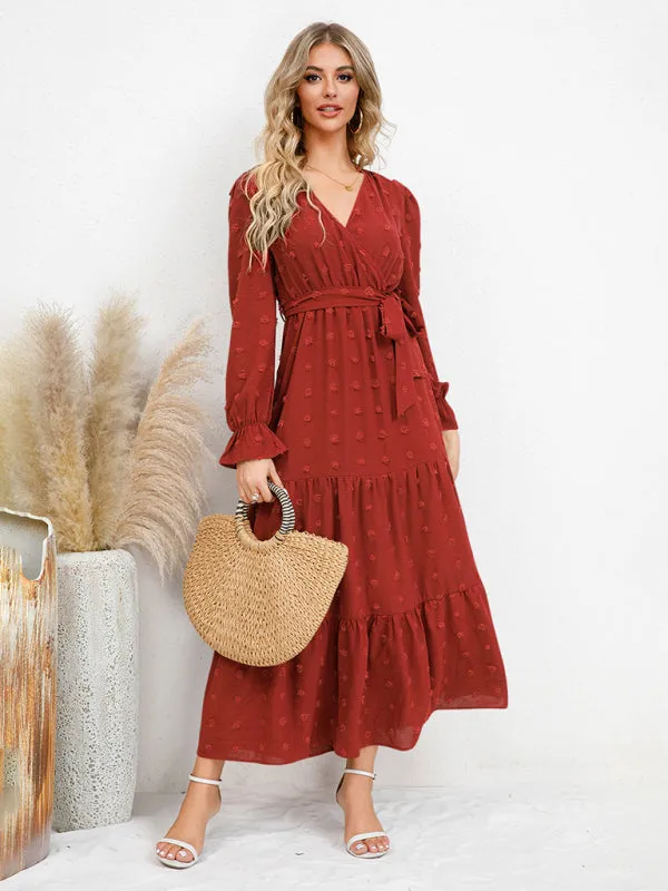 Textured Pattern Maxi Dress with Belted Waist and Tiered Hem