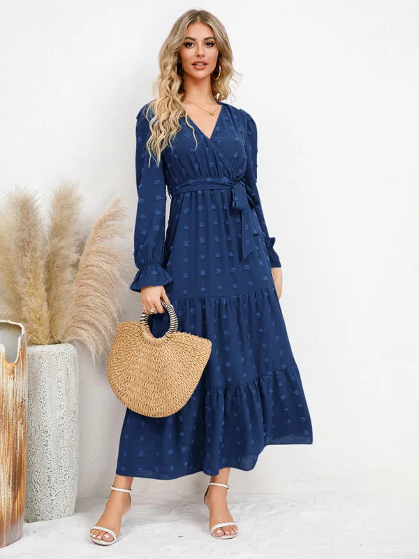 Textured Pattern Maxi Dress with Belted Waist and Tiered Hem
