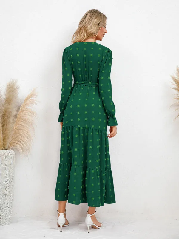 Textured Pattern Maxi Dress with Belted Waist and Tiered Hem