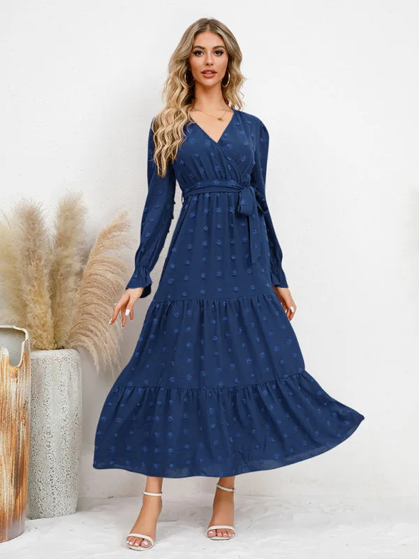Textured Pattern Maxi Dress with Belted Waist and Tiered Hem