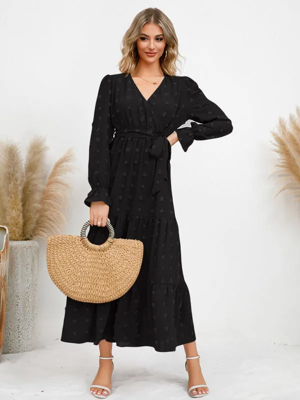 Textured Pattern Maxi Dress with Belted Waist and Tiered Hem