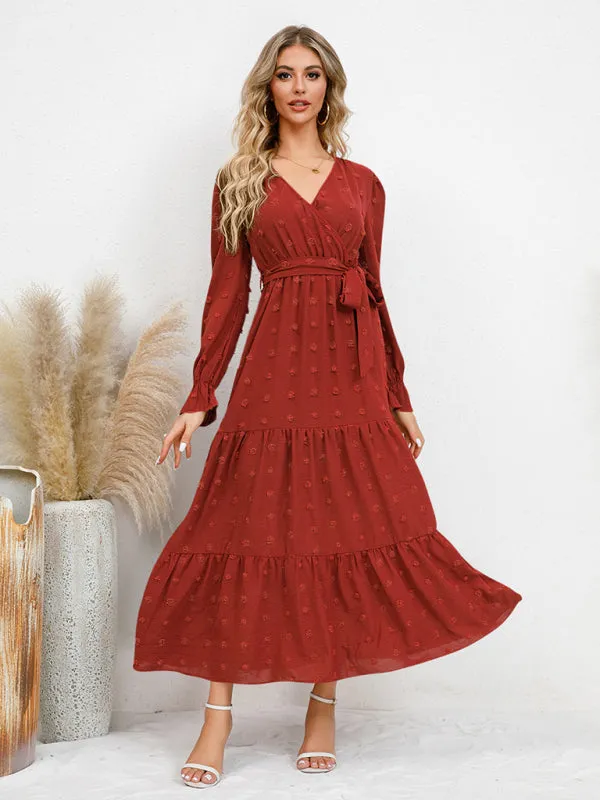 Textured Pattern Maxi Dress with Belted Waist and Tiered Hem