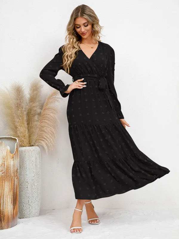 Textured Pattern Maxi Dress with Belted Waist and Tiered Hem