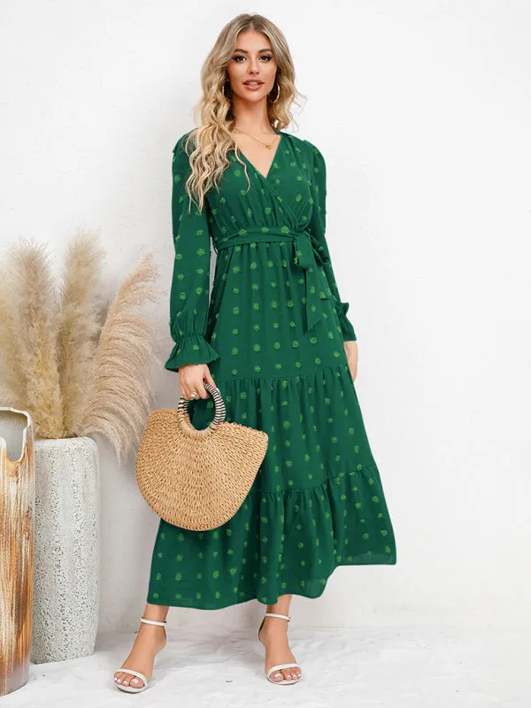 Textured Pattern Maxi Dress with Belted Waist and Tiered Hem