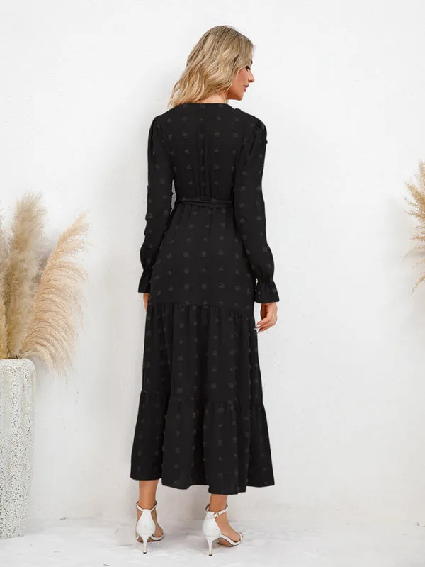 Textured Pattern Maxi Dress with Belted Waist and Tiered Hem