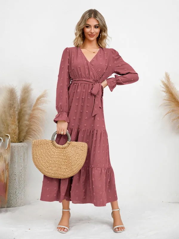 Textured Pattern Maxi Dress with Belted Waist and Tiered Hem