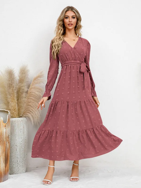 Textured Pattern Maxi Dress with Belted Waist and Tiered Hem