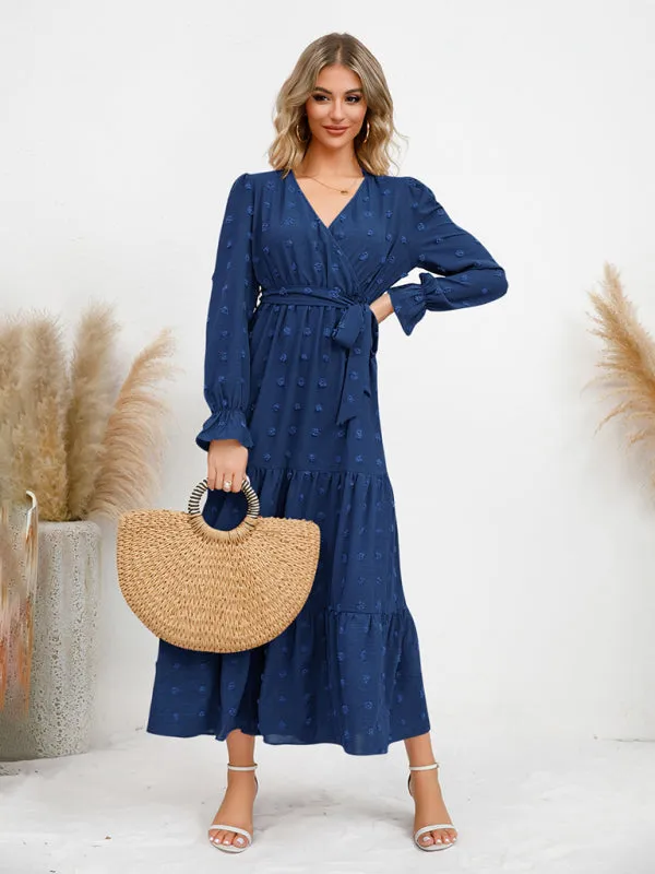 Textured Pattern Maxi Dress with Belted Waist and Tiered Hem