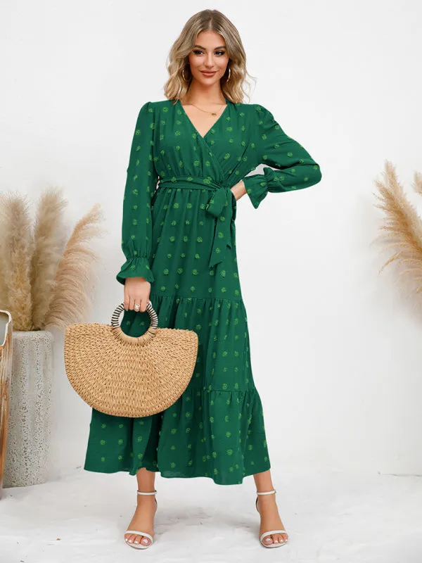 Textured Pattern Maxi Dress with Belted Waist and Tiered Hem