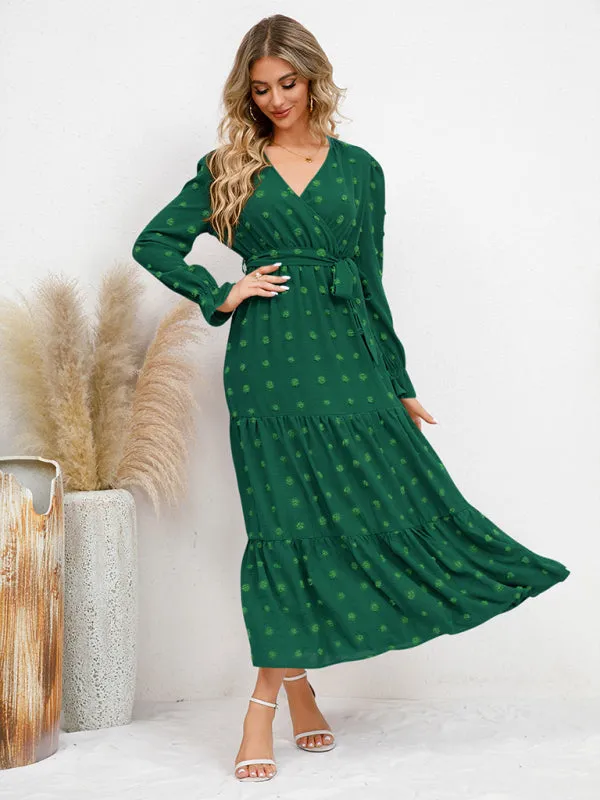Textured Pattern Maxi Dress with Belted Waist and Tiered Hem