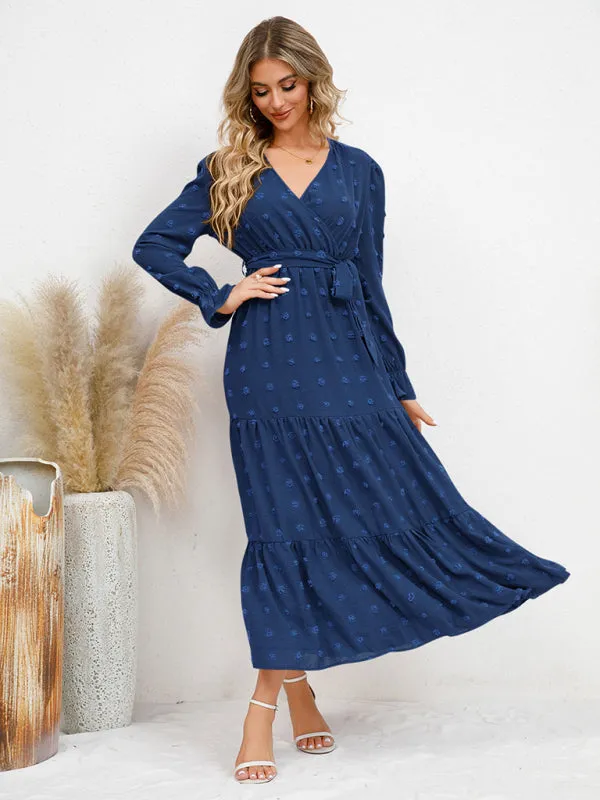 Textured Pattern Maxi Dress with Belted Waist and Tiered Hem