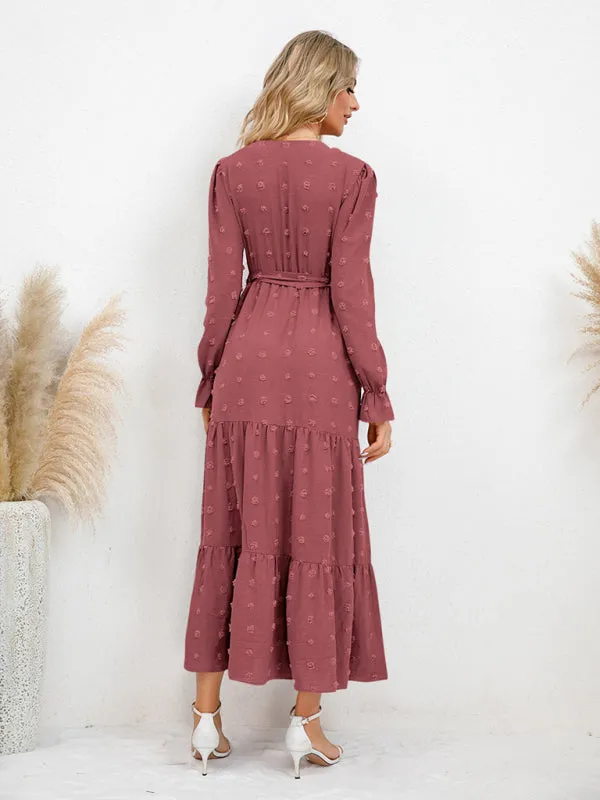 Textured Pattern Maxi Dress with Belted Waist and Tiered Hem