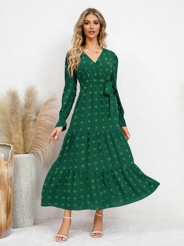 Textured Pattern Maxi Dress with Belted Waist and Tiered Hem