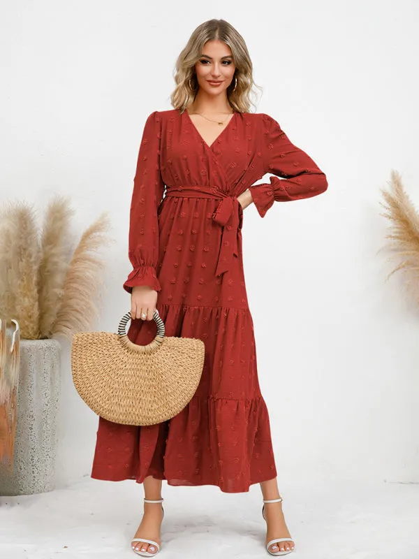 Textured Pattern Maxi Dress with Belted Waist and Tiered Hem
