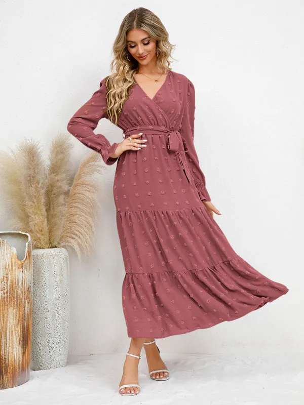 Textured Pattern Maxi Dress with Belted Waist and Tiered Hem