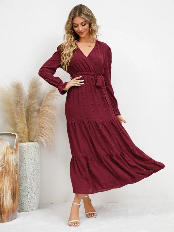 Textured Pattern Maxi Dress with Belted Waist and Tiered Hem