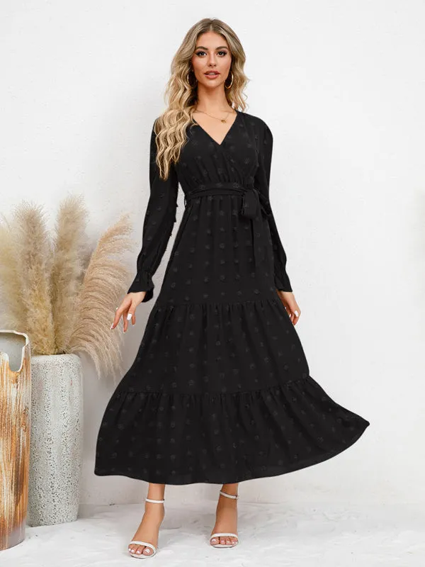 Textured Pattern Maxi Dress with Belted Waist and Tiered Hem