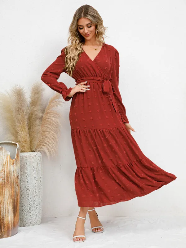 Textured Pattern Maxi Dress with Belted Waist and Tiered Hem