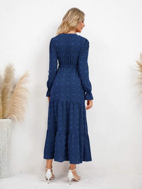 Textured Pattern Maxi Dress with Belted Waist and Tiered Hem