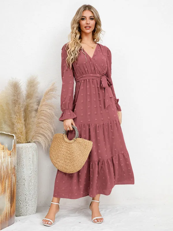 Textured Pattern Maxi Dress with Belted Waist and Tiered Hem