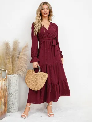 Textured Pattern Maxi Dress with Belted Waist and Tiered Hem