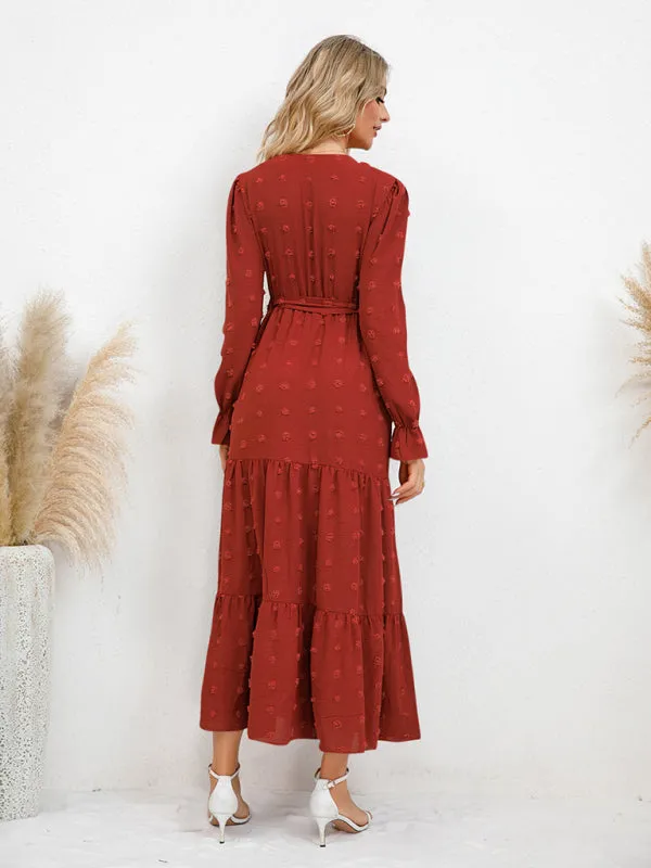 Textured Pattern Maxi Dress with Belted Waist and Tiered Hem