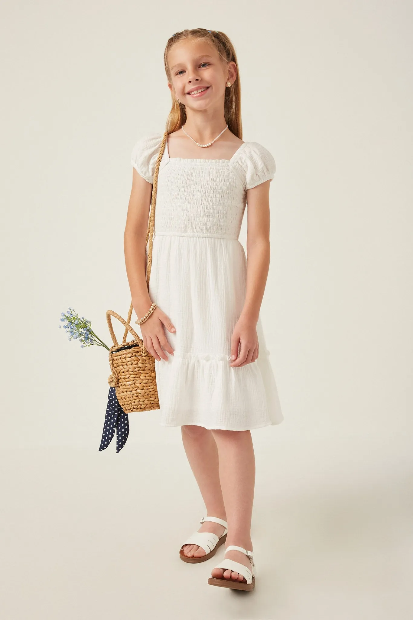 Textured Puff Sleeve Smocked Dress