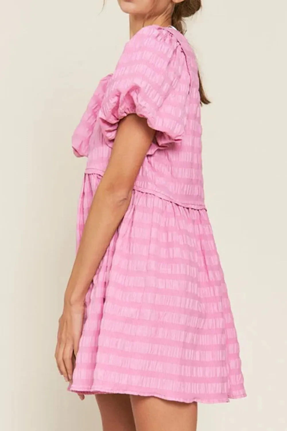 Textured Round Neck Puff Sleeve Mini Dress