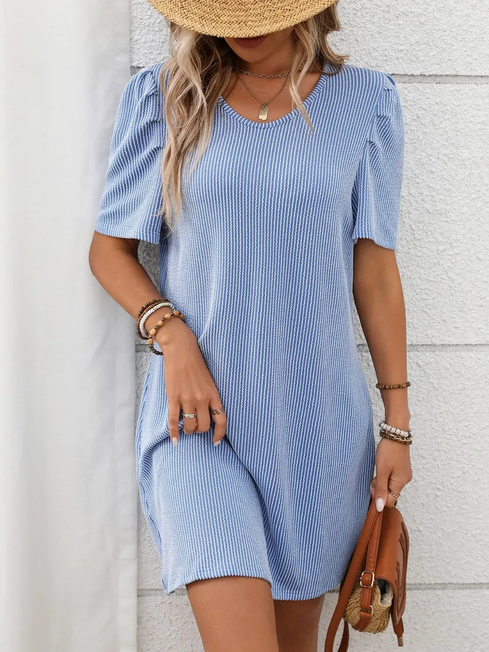 Textured Round Neck Short Sleeve Mini Dress