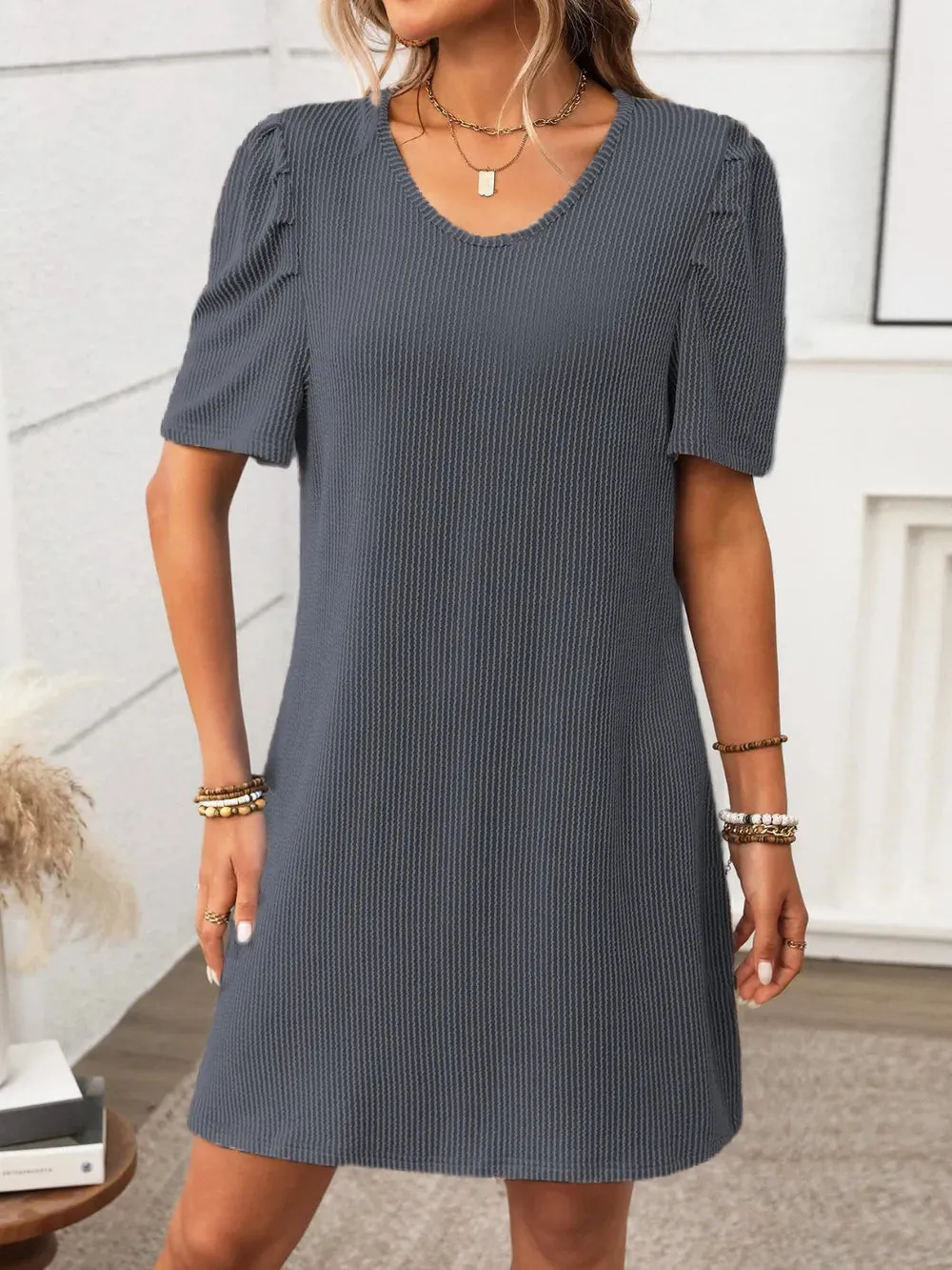 Textured Round Neck Short Sleeve Mini Dress