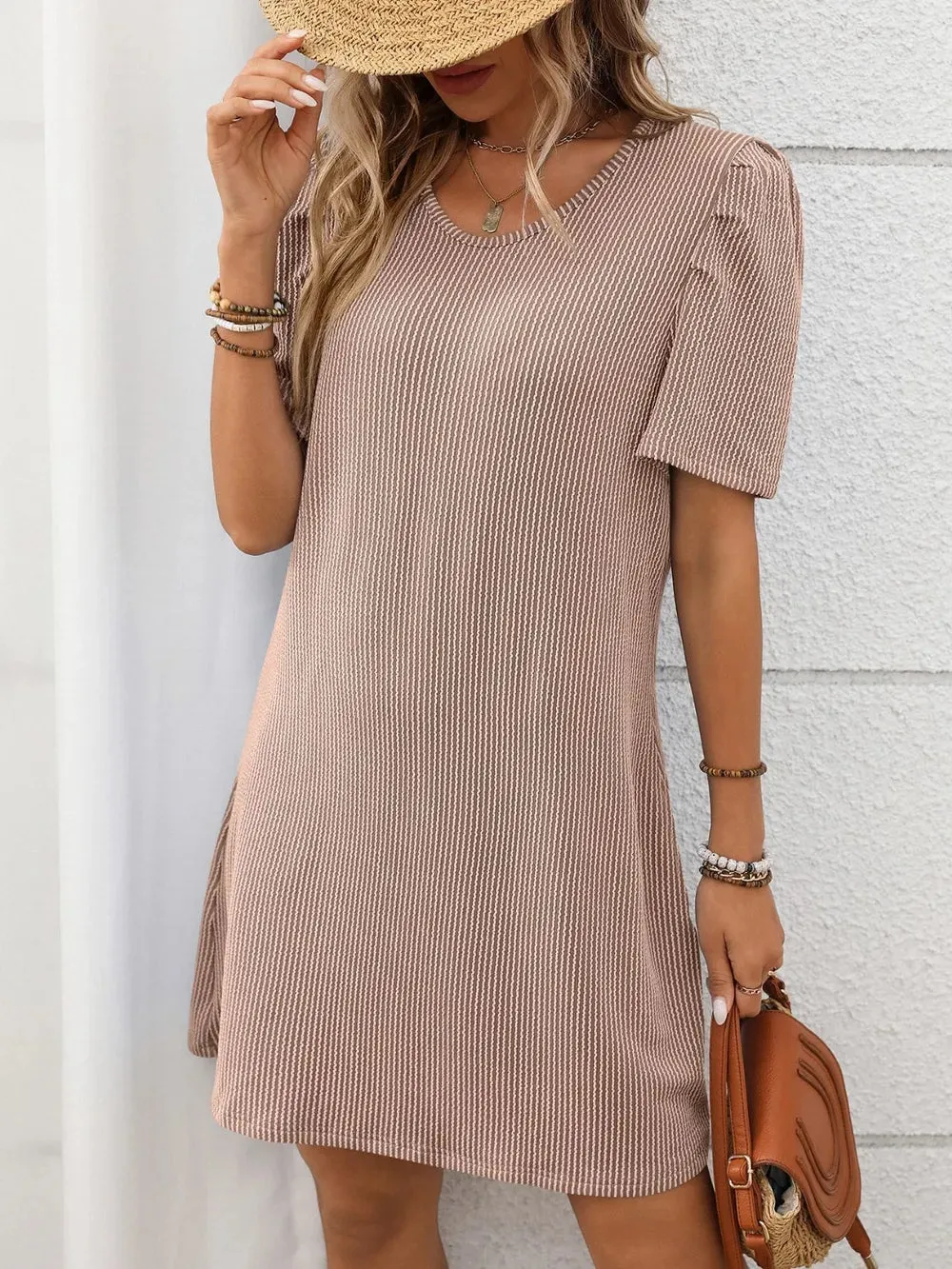 Textured Round Neck Short Sleeve Mini Dress