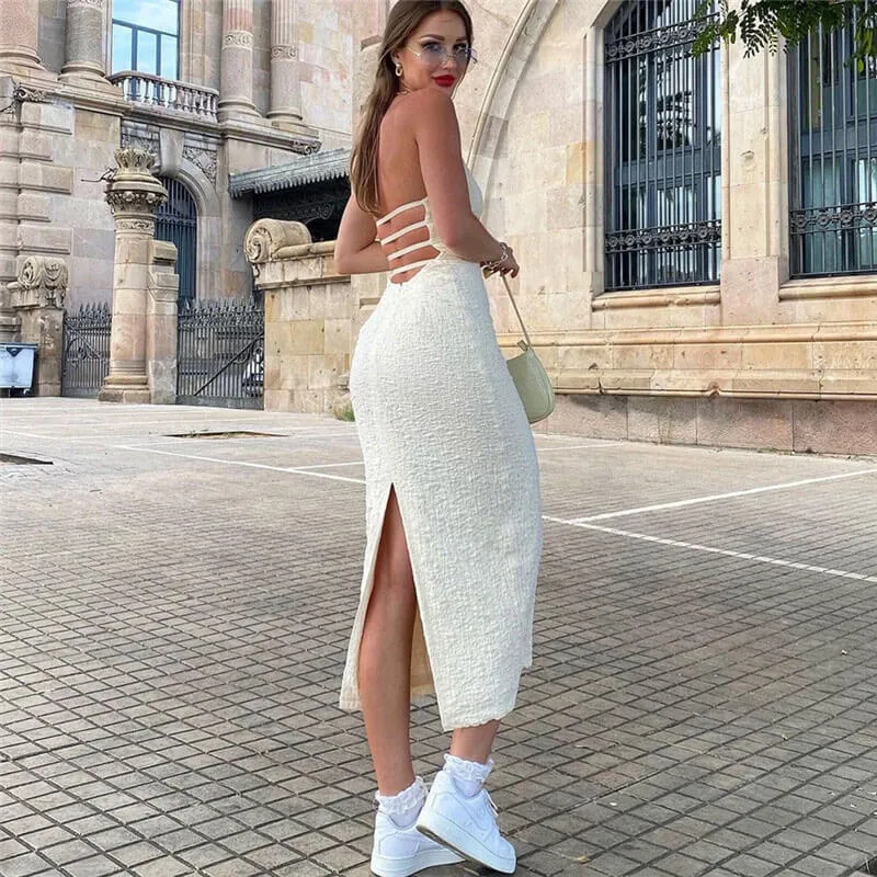Textured Split Trim Low Back Sleeveless Halter Midi Dress - White