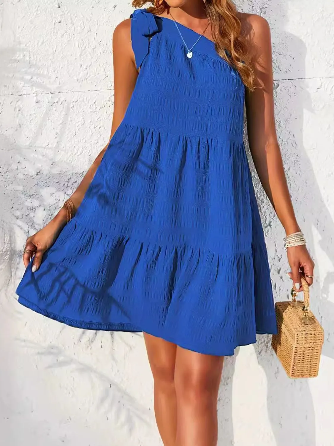 Textured Tied Single Shoulder Mini Dress