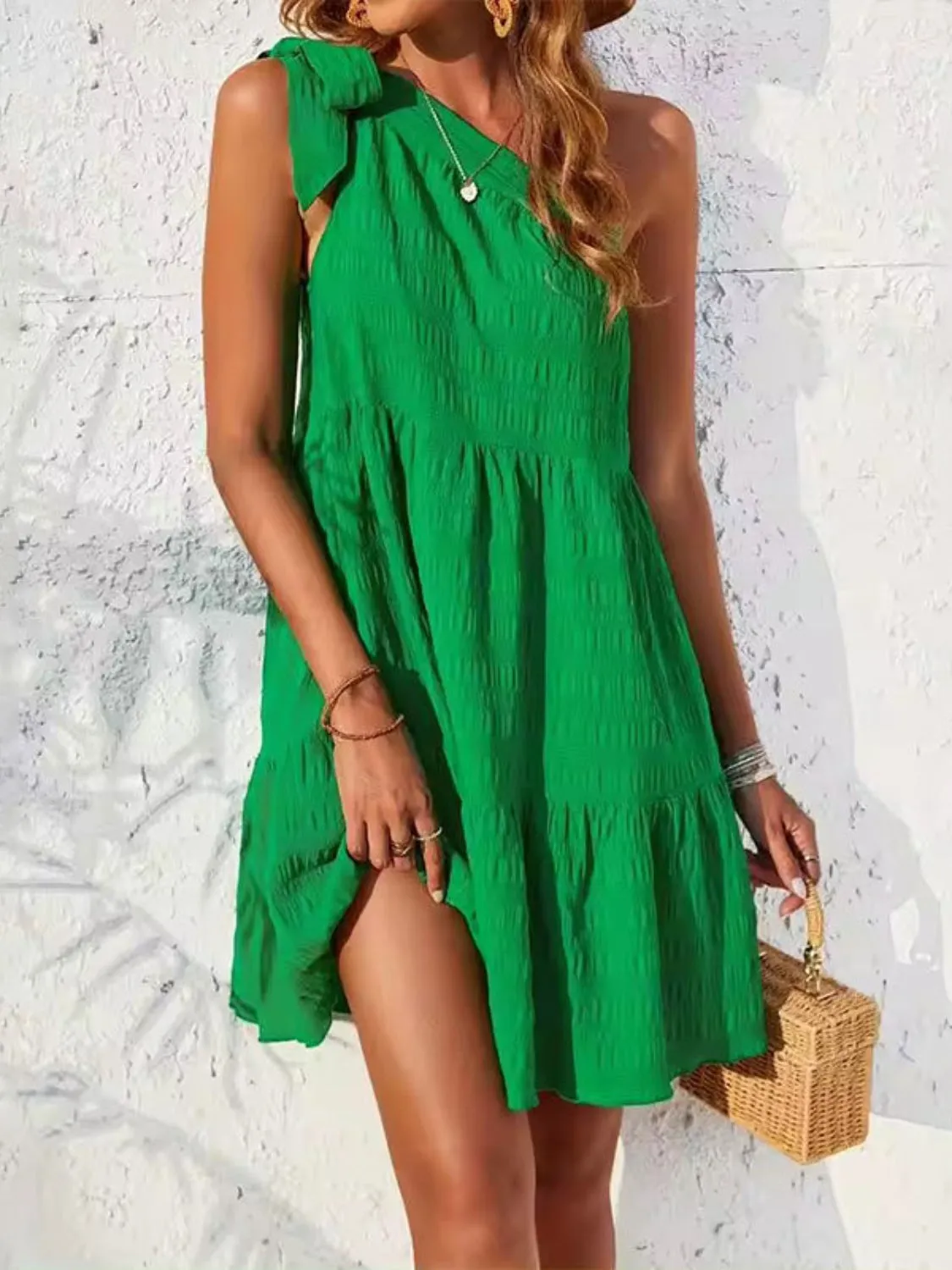Textured Tied Single Shoulder Mini Dress