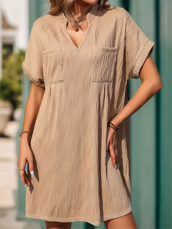 Textured V-neck Mini Dress with Front Pockets