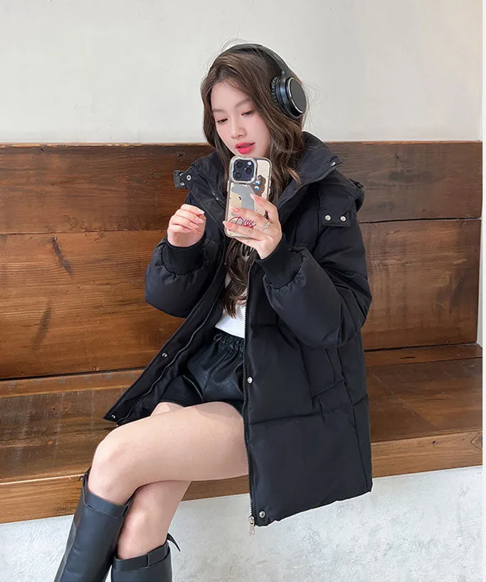 Thickened Solid Hooded Puffer Jacket - Versatile Women's Outerwear