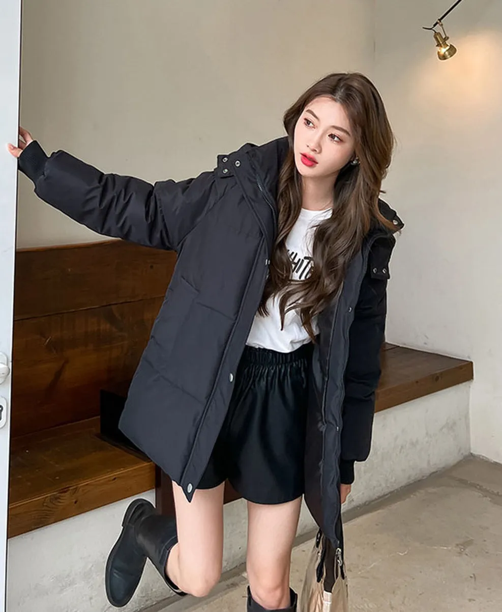 Thickened Solid Hooded Puffer Jacket - Versatile Women's Outerwear