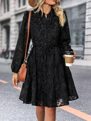 Three-Dimensional Jacquard Dress with Button-Down Front and Tie Waist