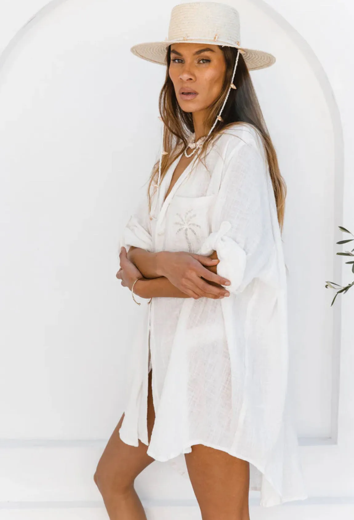 Three Palms Shirt Dress - White - OS